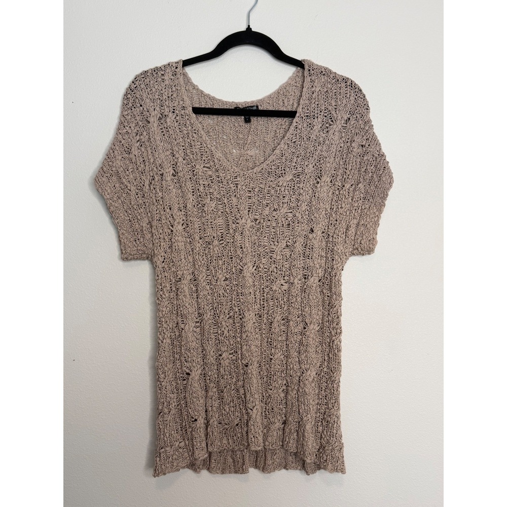 Eileen Fisher‎ Tan Cotton Open Weave Knit V-Neck Sweater Top Large